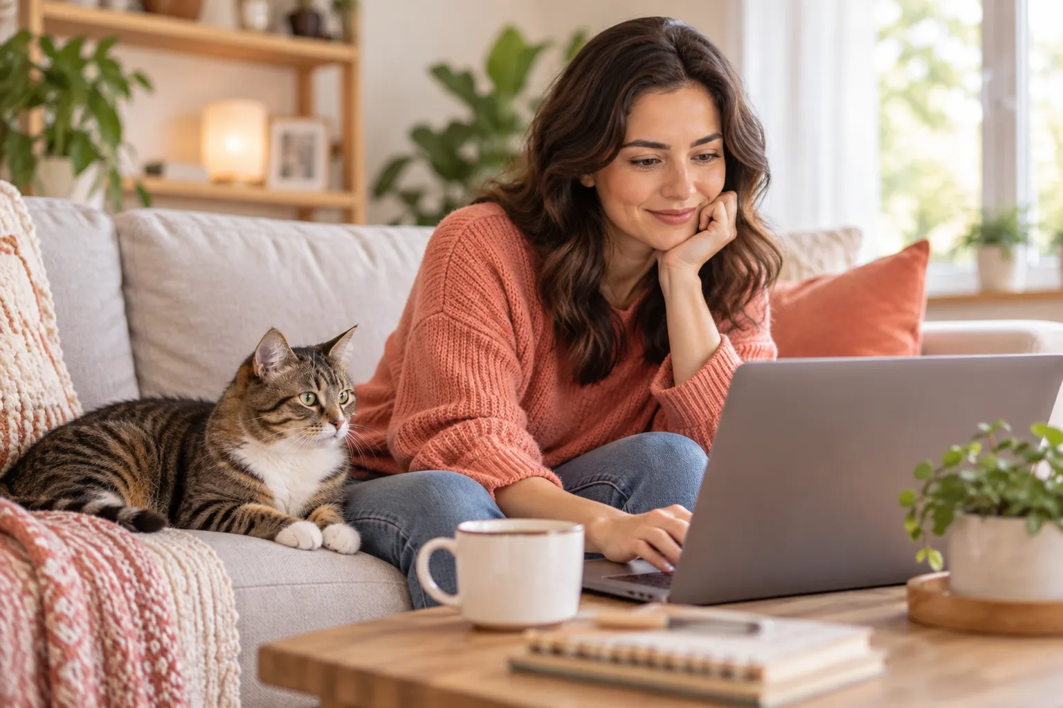 Owner using a laptop beside a resting cat