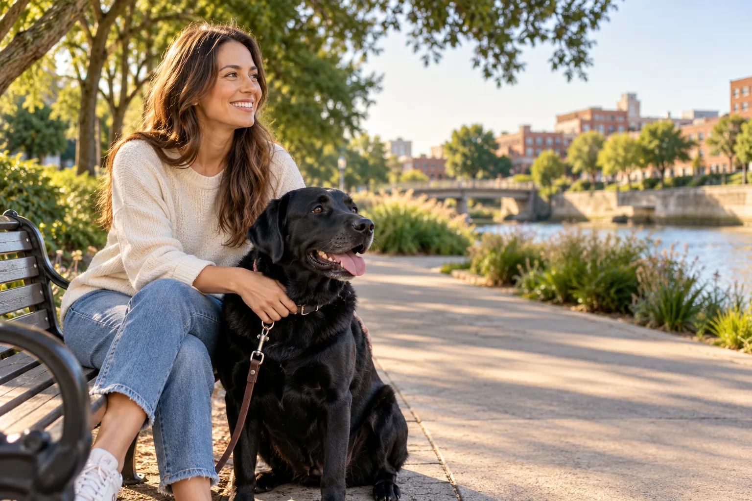 Owner seated with a black dog on a park bench